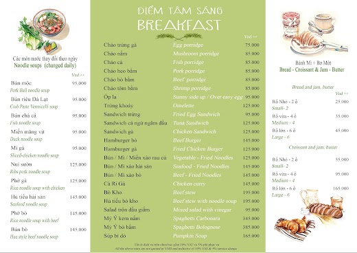 Bình An Village Resort Đà Lạt – MENU ĂN SÁNG 2023