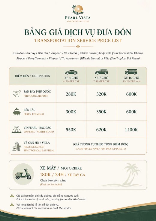 Pearl Vista Apartments & Villas Phú Quốc – Dịch vụ đưa đón sân bay
