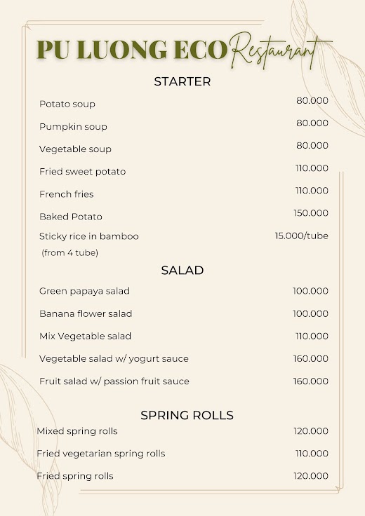 Pu Luong Eco Garden – MENU KHÁCH TÂY