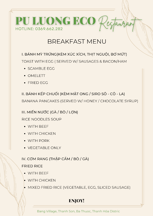 Pu Luong Eco Garden – MENU